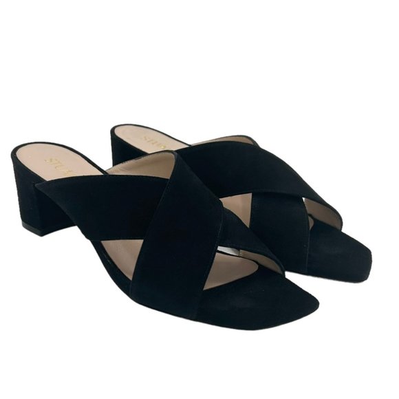 Stuart Weitzman Aletha Black Suede Cross Strap Square Toe Heeled Sandals - Picture 2 of 11